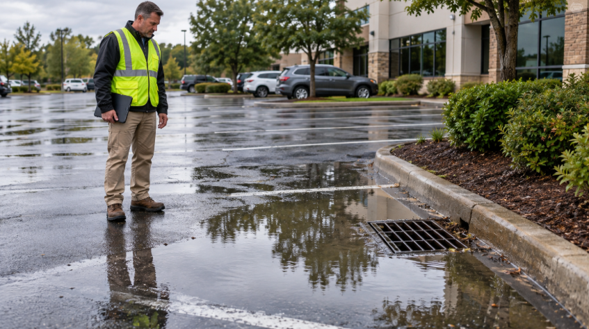 Paving professional inspecting standing water near a storm drain in a commercial parking lot.