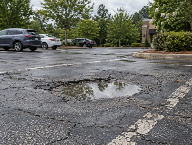 Sinking hole in parking lot filled with water