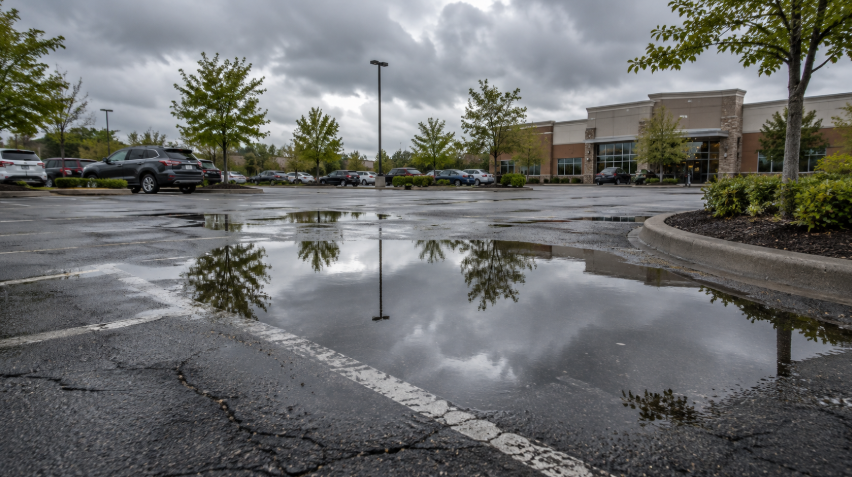 Standing water pooled across a commercial parking lot after rain, showing a low spot in the asphalt.