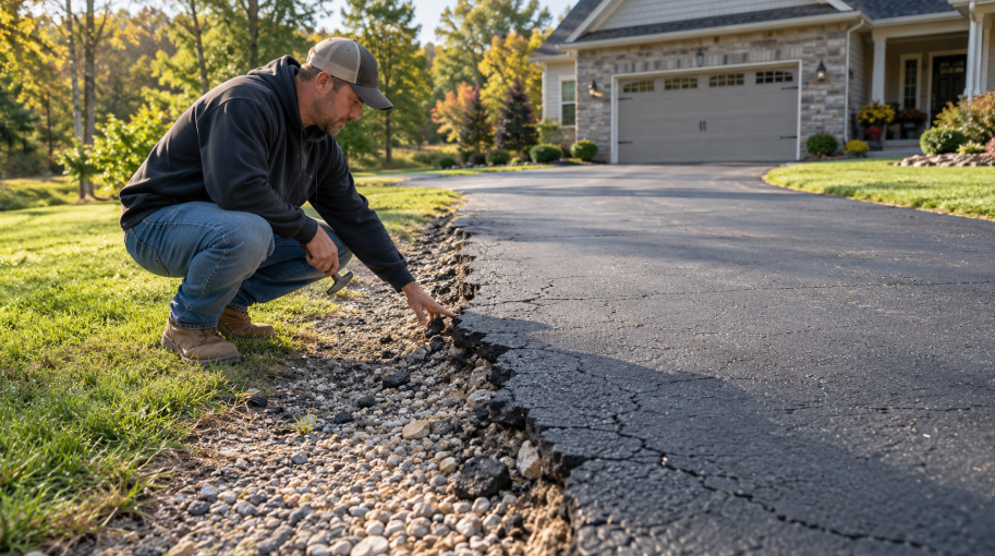 A paving contractor examines a broken asphalt driveway edge beside an eroded shoulder.