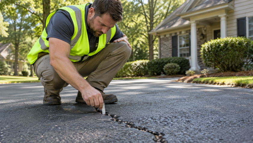A paving contractor examining a crack along the edge of a residential asphalt driveway.